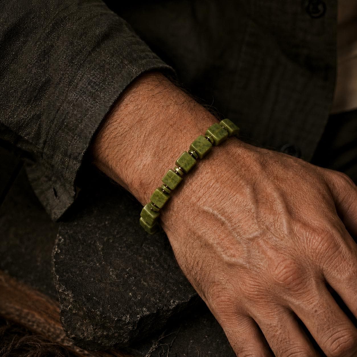 Verdant Form | Square Nephrite Jade Bracelet | 8.2mm Green Jade Stretch Bracelet | Geometric Unisex Gift