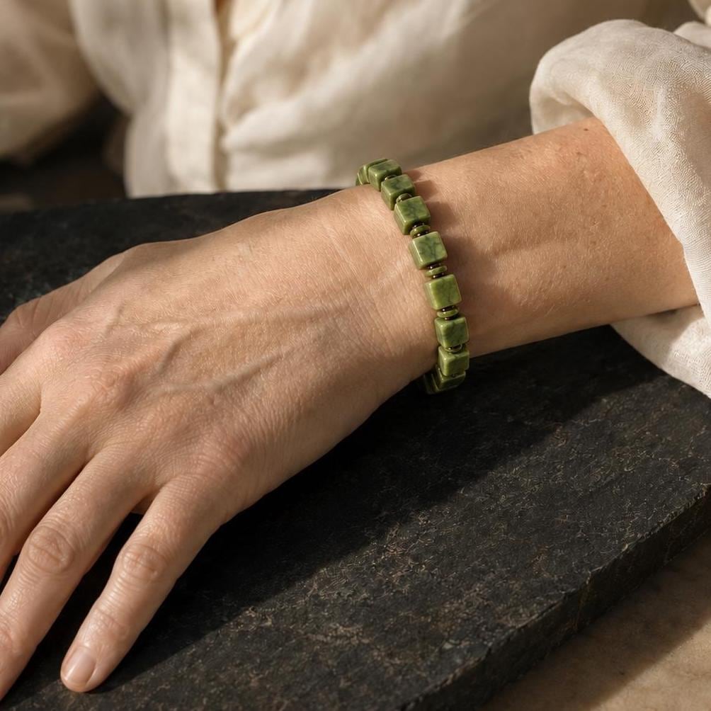 Verdant Form | Square Nephrite Jade Bracelet | 8.2mm Green Jade Stretch Bracelet | Geometric Unisex Gift