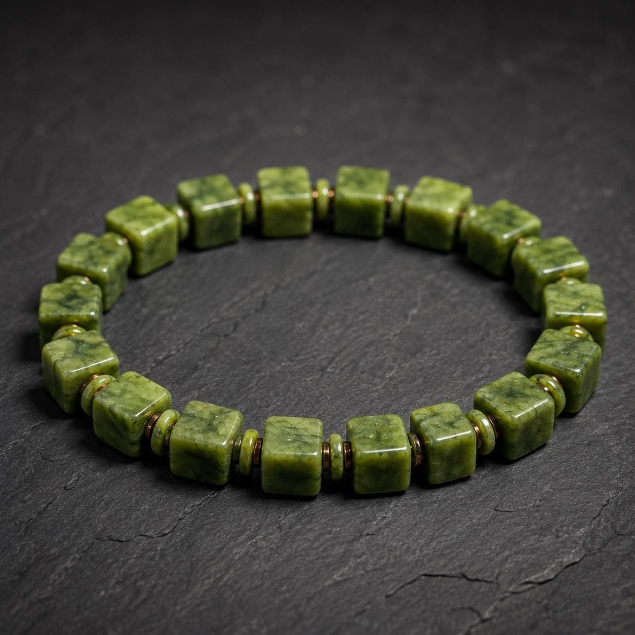 Verdant Form | Square Nephrite Jade Bracelet | 8.2mm Green Jade Stretch Bracelet | Geometric Unisex Gift