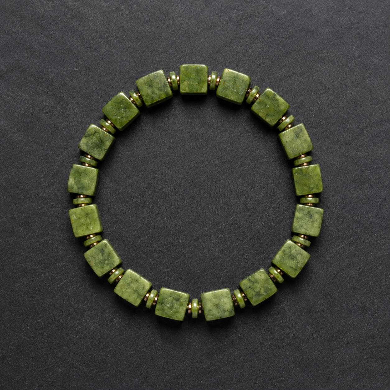 Verdant Form | Square Nephrite Jade Bracelet | 8.2mm Green Jade Stretch Bracelet | Geometric Unisex Gift