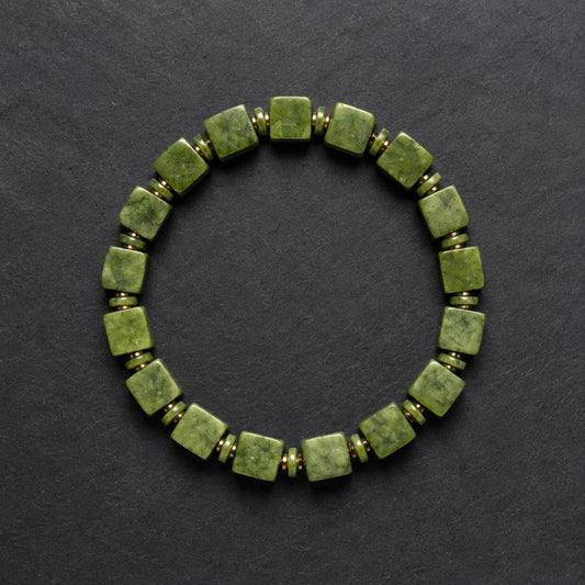Verdant Form | Square Nephrite Jade Bracelet | 8.2mm Green Jade Stretch Bracelet | Geometric Unisex Gift