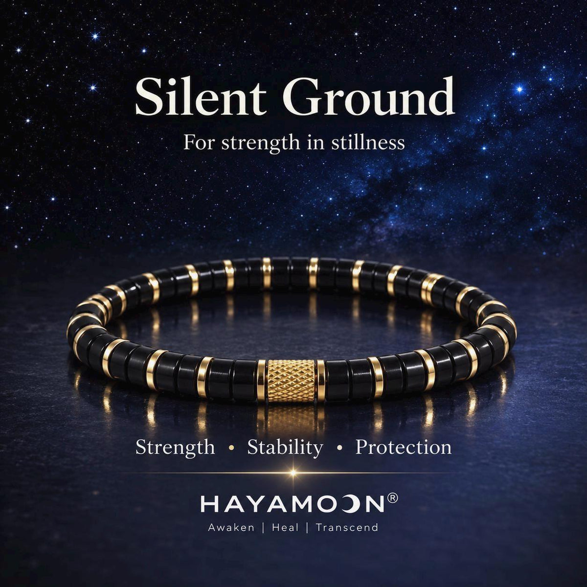 Marketing image: black-gold beaded bracelet under starry sky with Silent Ground text