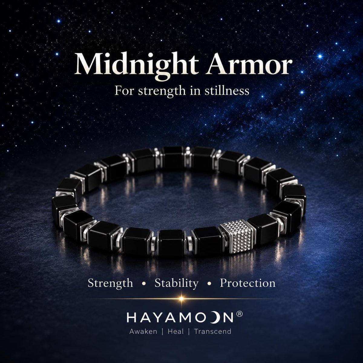 Midnight Armor marketing graphic: bracelet under starry sky