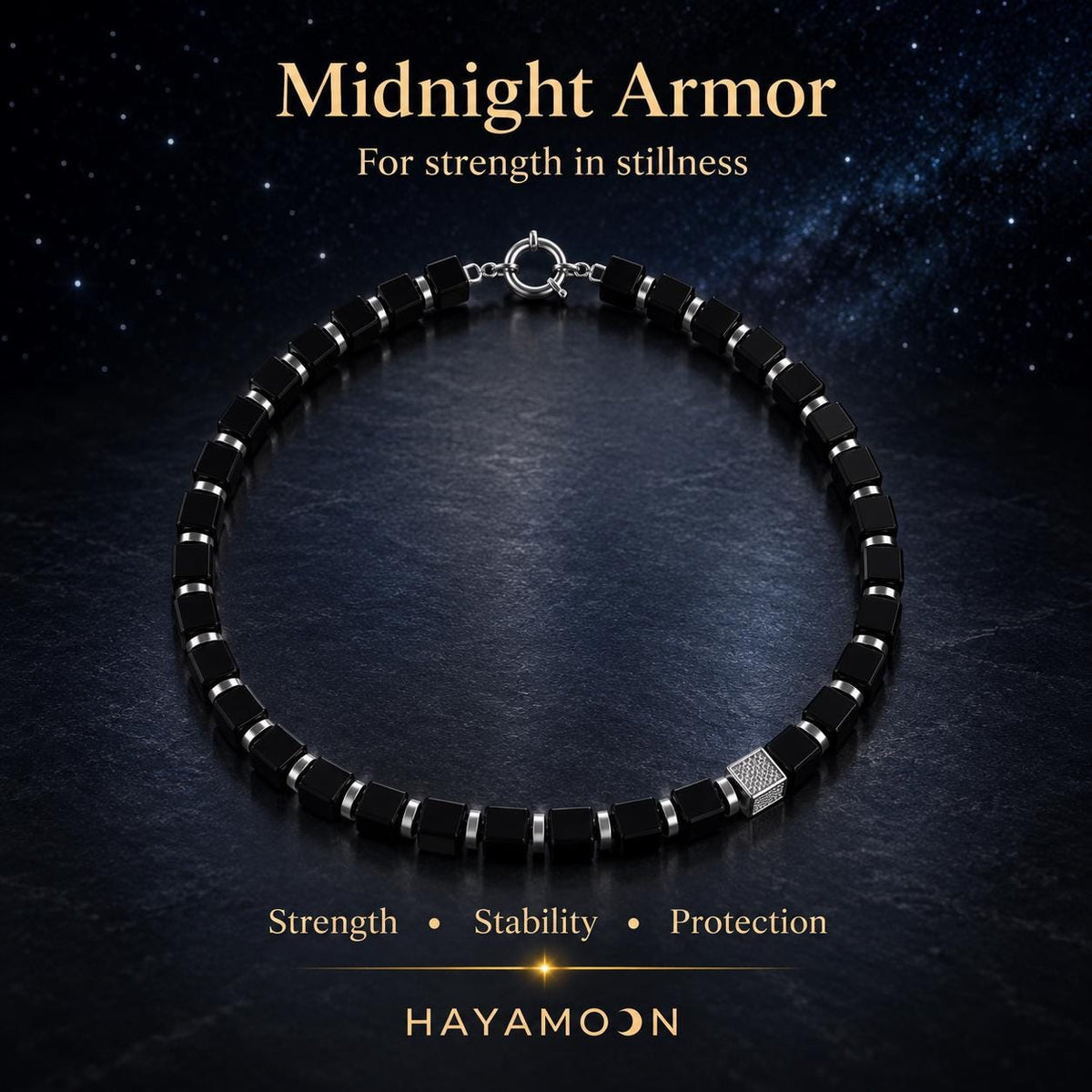 Black cube-bead necklace with silver accents on starry backdrop with Hayamoon branding