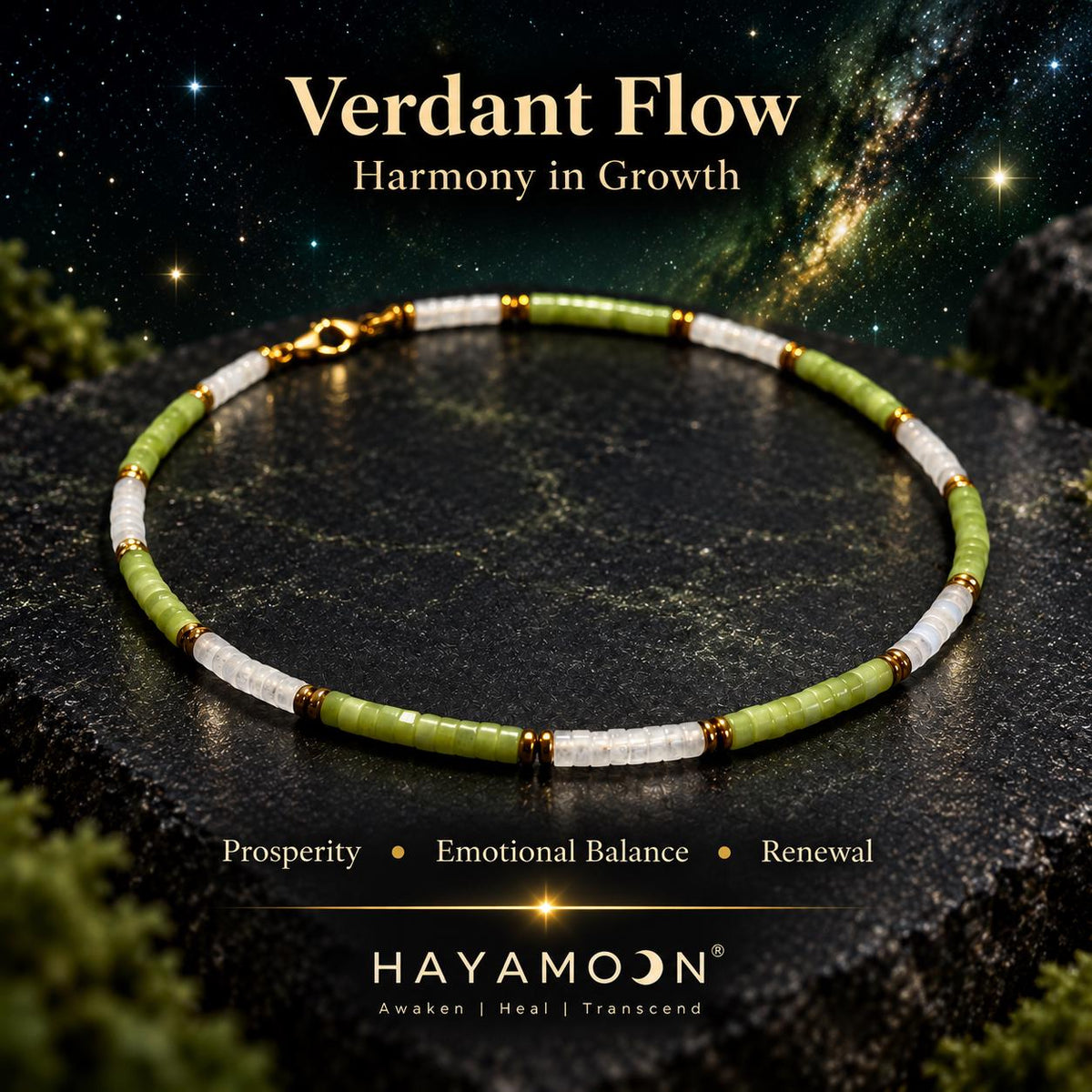 Green and white beaded bracelet on dark stone with Verdant Flow text