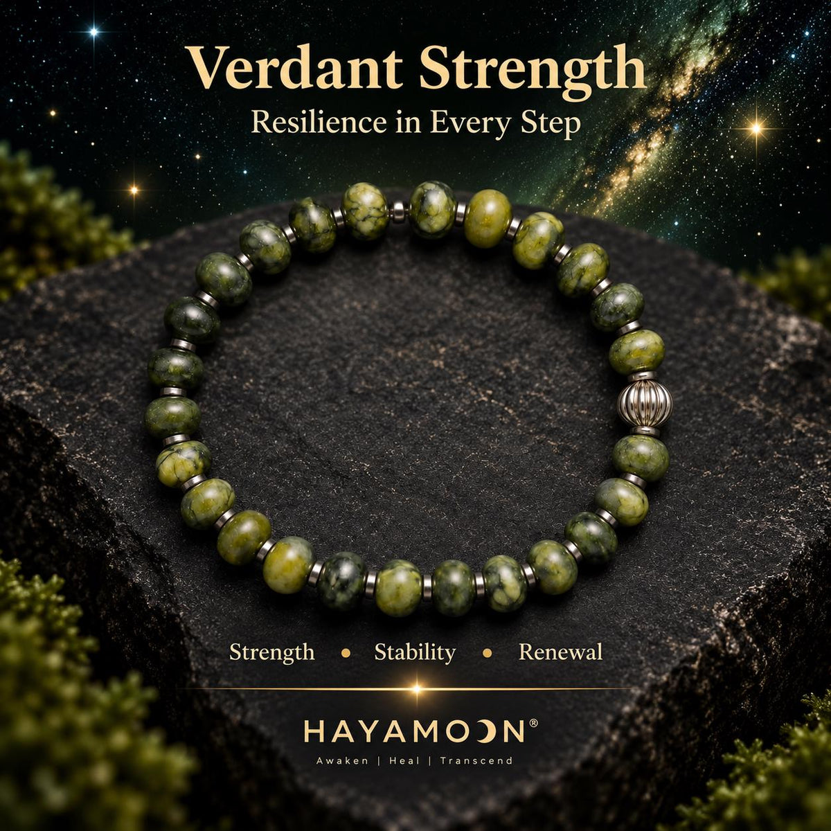 Verdant Strength green jade bracelet on dark stone under starry sky — brand hero image