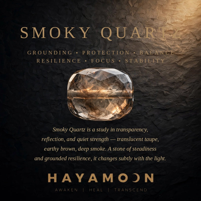 Smoky quartz text graphic with faceted gem and stone properties